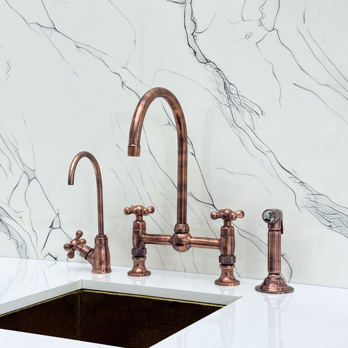 Antique Copper Bridge Kitchen Faucet with Cross Handles – Ellington