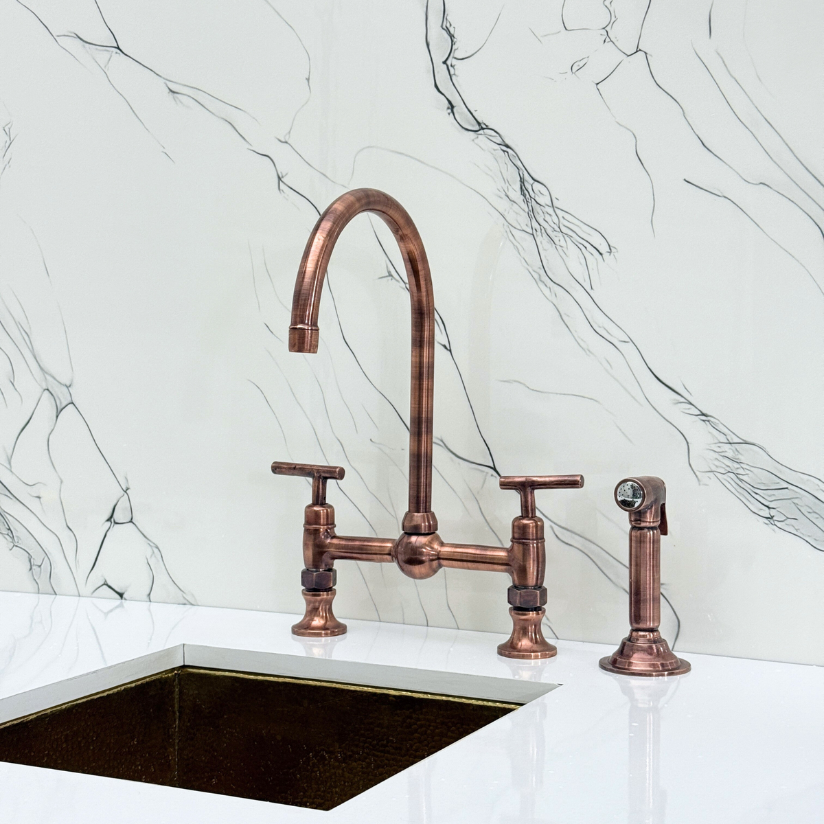 Antique Copper Bridge Kitchen Faucet with Lever Handles – Ellington – alternate view 12
