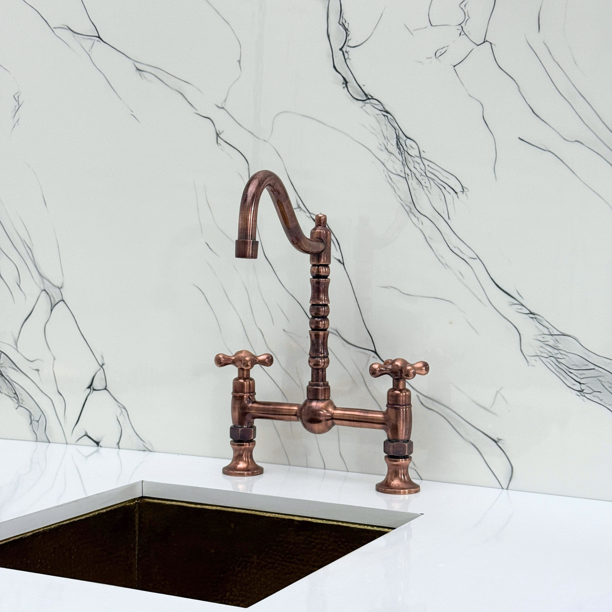 Antique Copper Victorian Bridge Kitchen Faucet with Cross Handles – Finsbury – alternate view 7