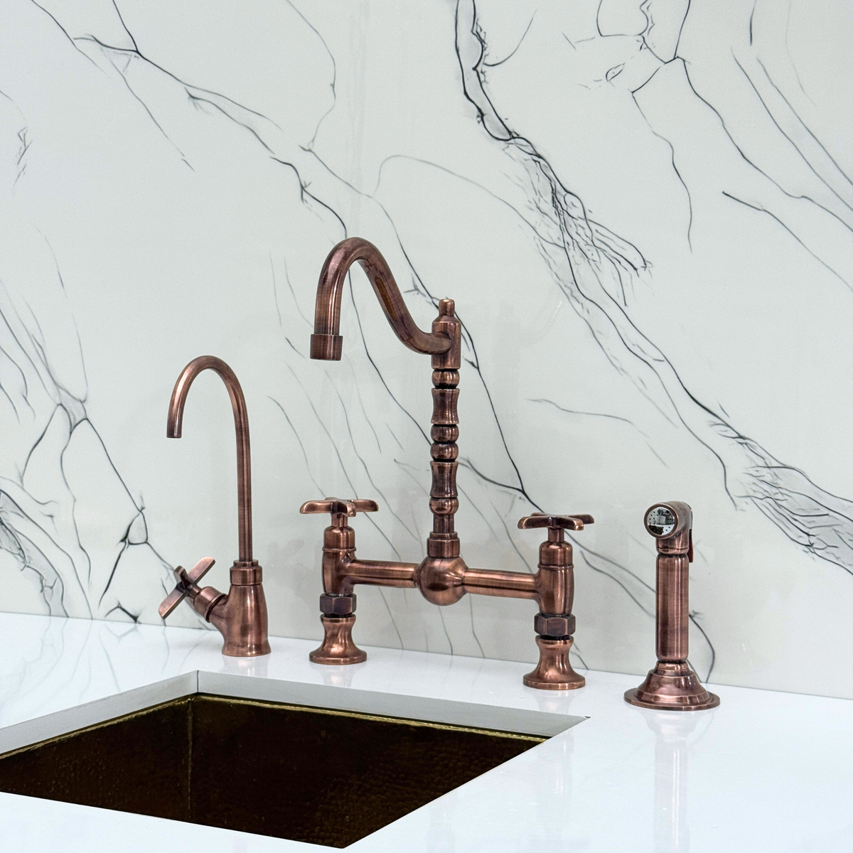 Antique Copper Victorian Bridge Kitchen Faucet with Cross Handles – Finsbury – alternate view 4