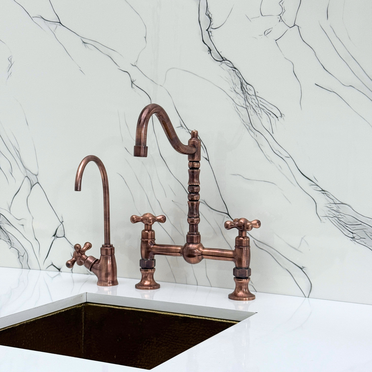 Antique Copper Victorian Bridge Kitchen Faucet with Cross Handles – Finsbury – alternate view 9