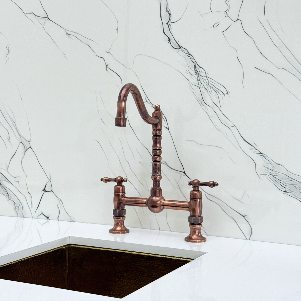 Antique Copper Victorian Bridge Kitchen Faucet with Lever Handles – Finsbury – alternate view 7