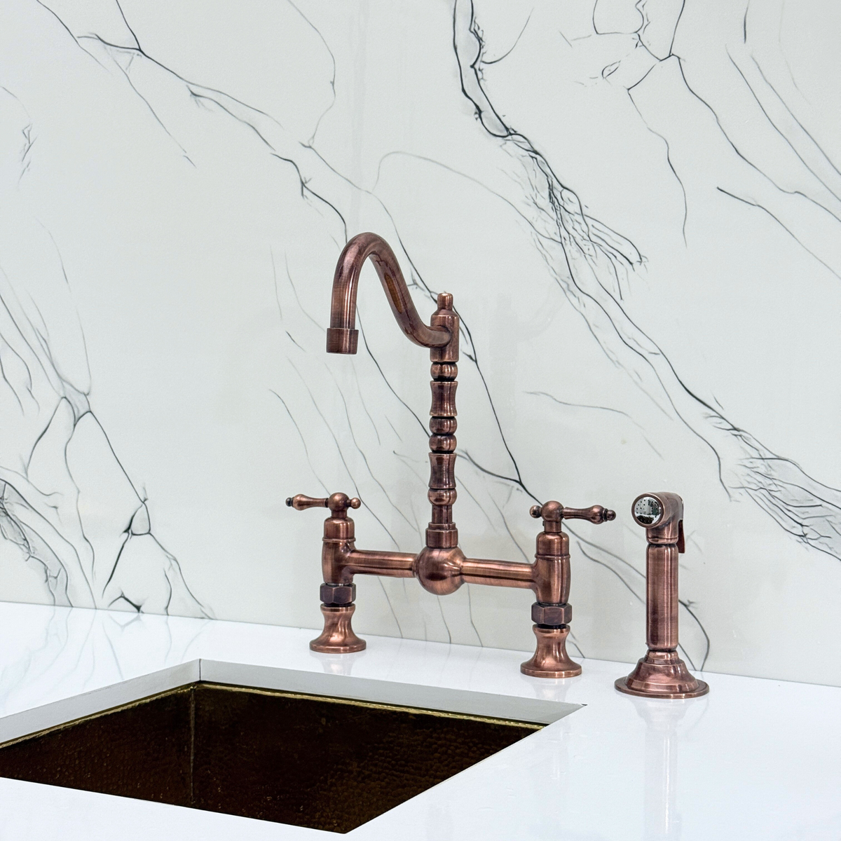 Antique Copper Victorian Bridge Kitchen Faucet with Lever Handles – Finsbury – alternate view 12