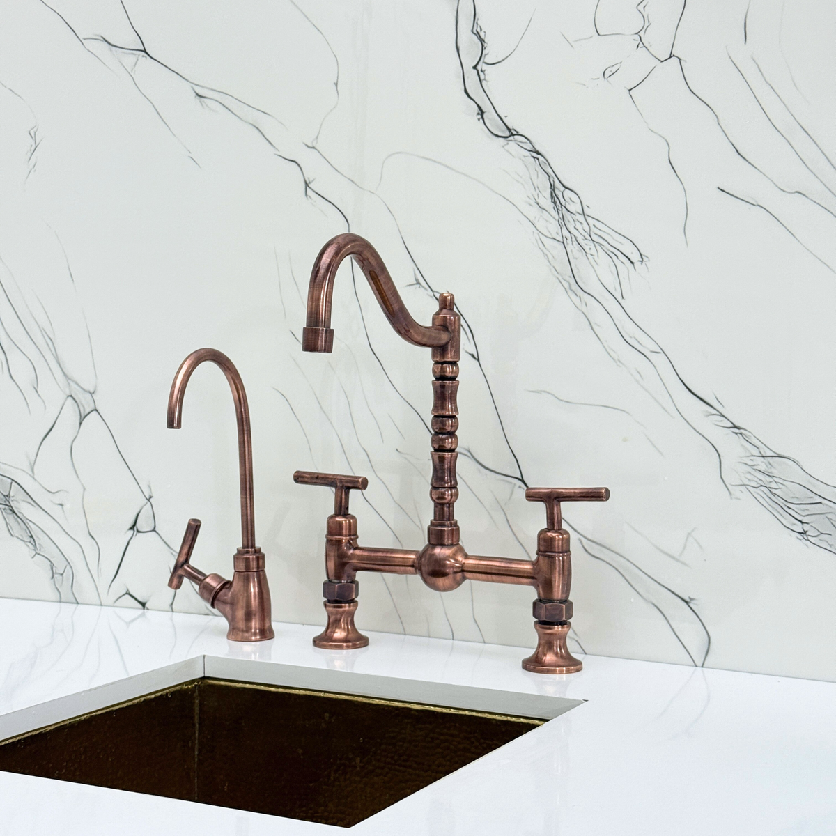 Antique Copper Victorian Bridge Kitchen Faucet with Lever Handles – Finsbury – alternate view 10