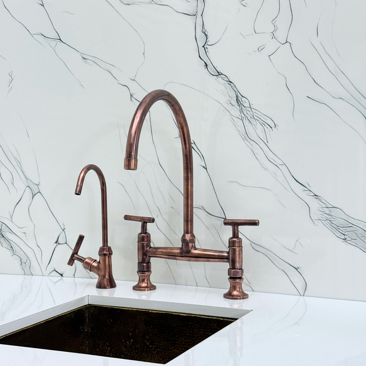 Antique Copper Bridge Kitchen Faucet with Lever Handles – Regent – alternate view 10