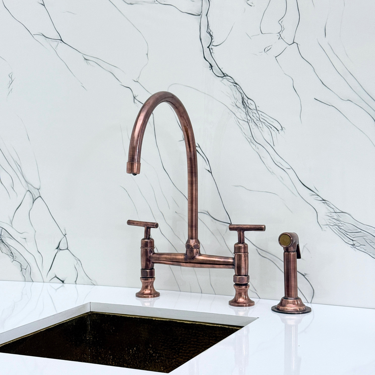 Antique Copper Bridge Kitchen Faucet with Lever Handles – Regent – alternate view 12