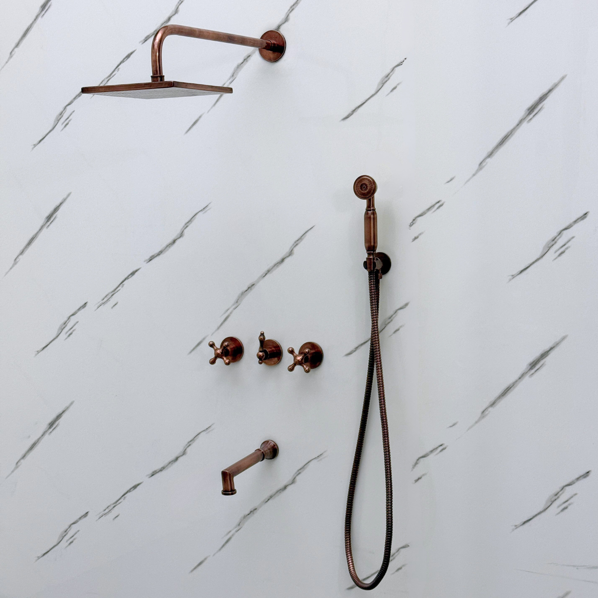 Antique Copper Adjustable Square Rain Shower System with Handheld & Tub Filler — Straight arm (ACCSS-016) — detail view 8