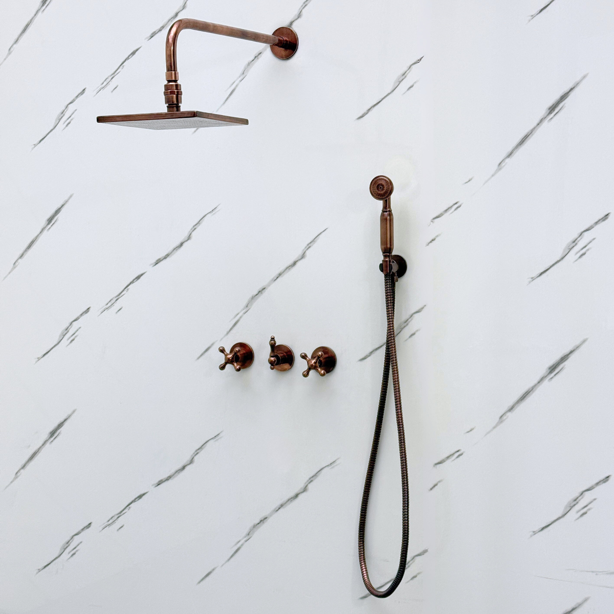 Antique Copper Square Rain Shower System with Handheld — Straight arm (ACCSS-017) — detail view 3