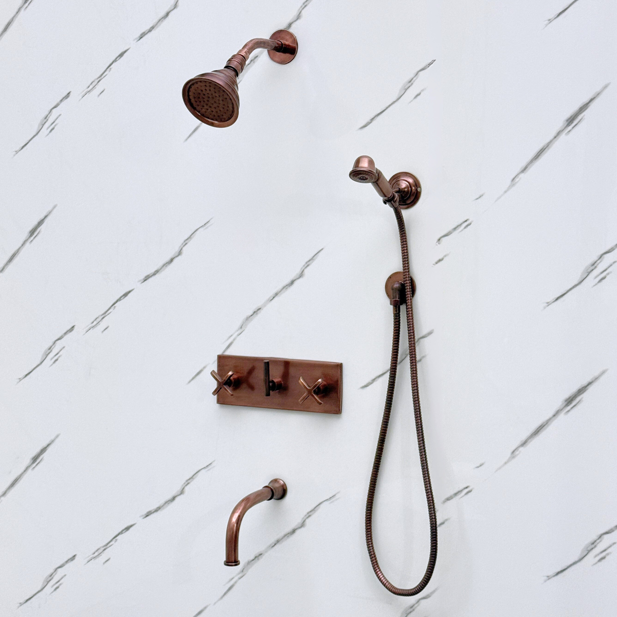Antique Copper Adjustable Round Rain Shower System with Handheld & Tub Filler — Short arm (ACCSS-013) — detail view 4