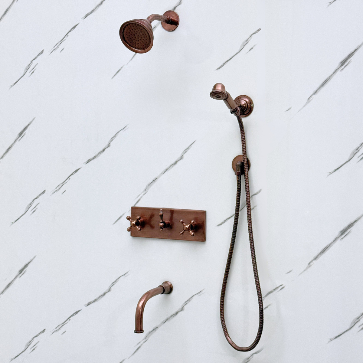 Antique Copper Adjustable Round Rain Shower System with Handheld & Tub Filler — Short arm (ACCSS-013) — detail view 7