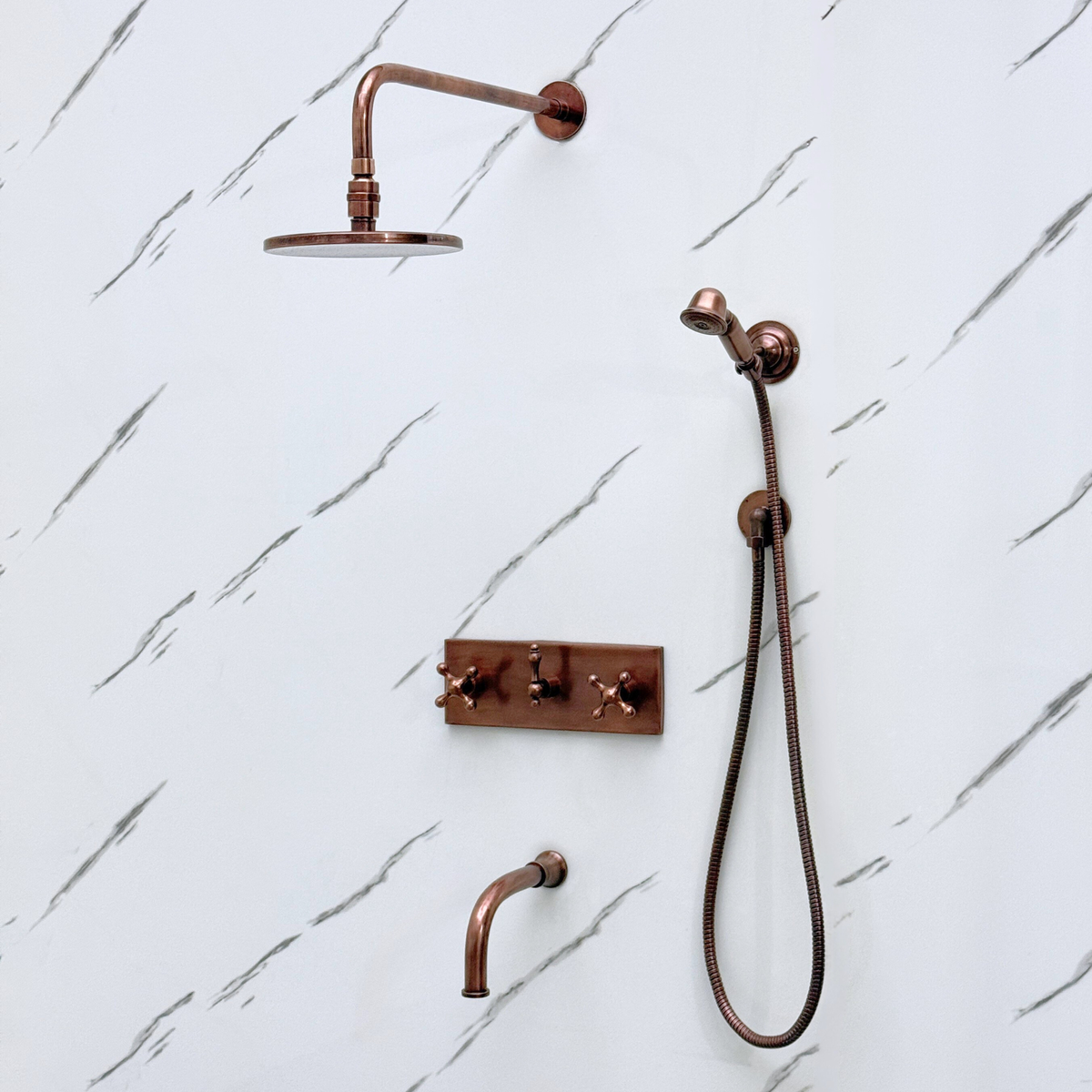 Antique Copper Adjustable Flat Round Rain Shower System with Handheld & Tub Filler — Straight arm (ACCSS-015) — detail view 2