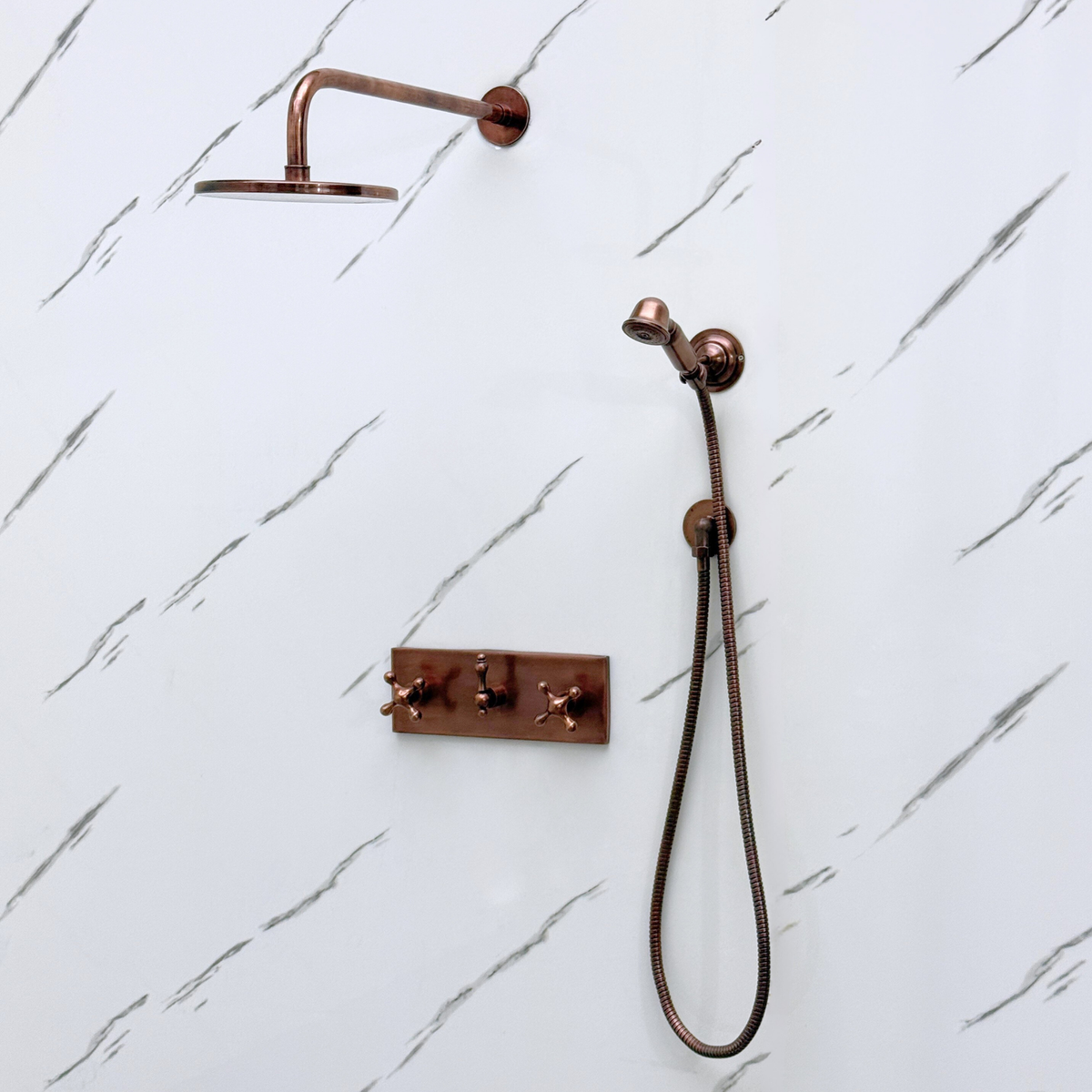 Antique Copper Adjustable Flat Round Rain Shower System with Handheld — Straight arm (ACCSS-011) — detail view 8