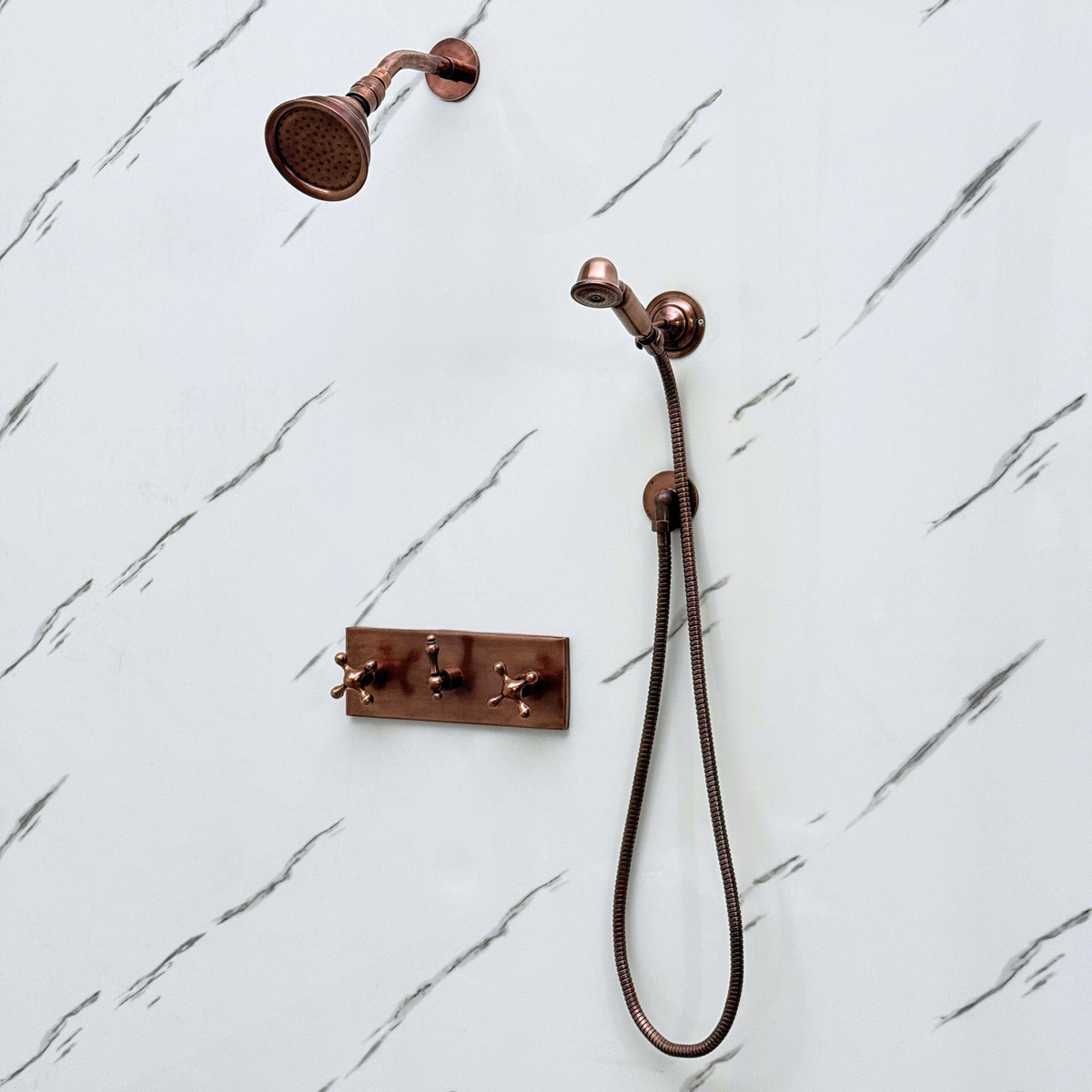 Antique Copper Adjustable Round Rain Shower System with Handheld — Short arm (ACCSS-010) — detail view 2