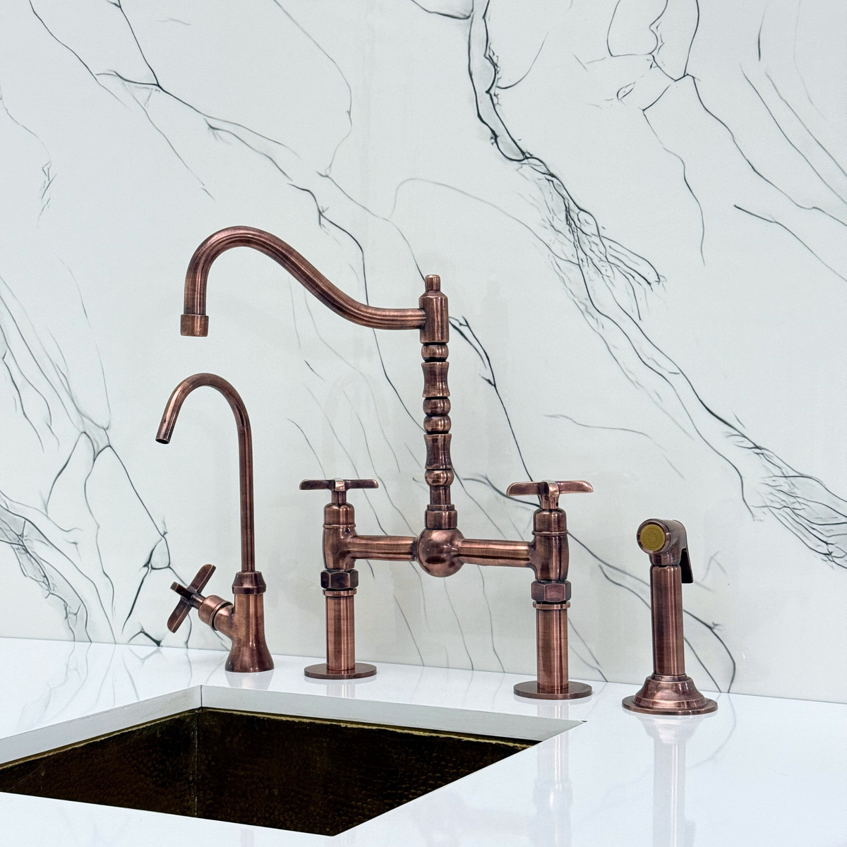 Antique Copper Victorian Bridge Kitchen Faucet with Cross Handles – Beaumont – alternate view 4