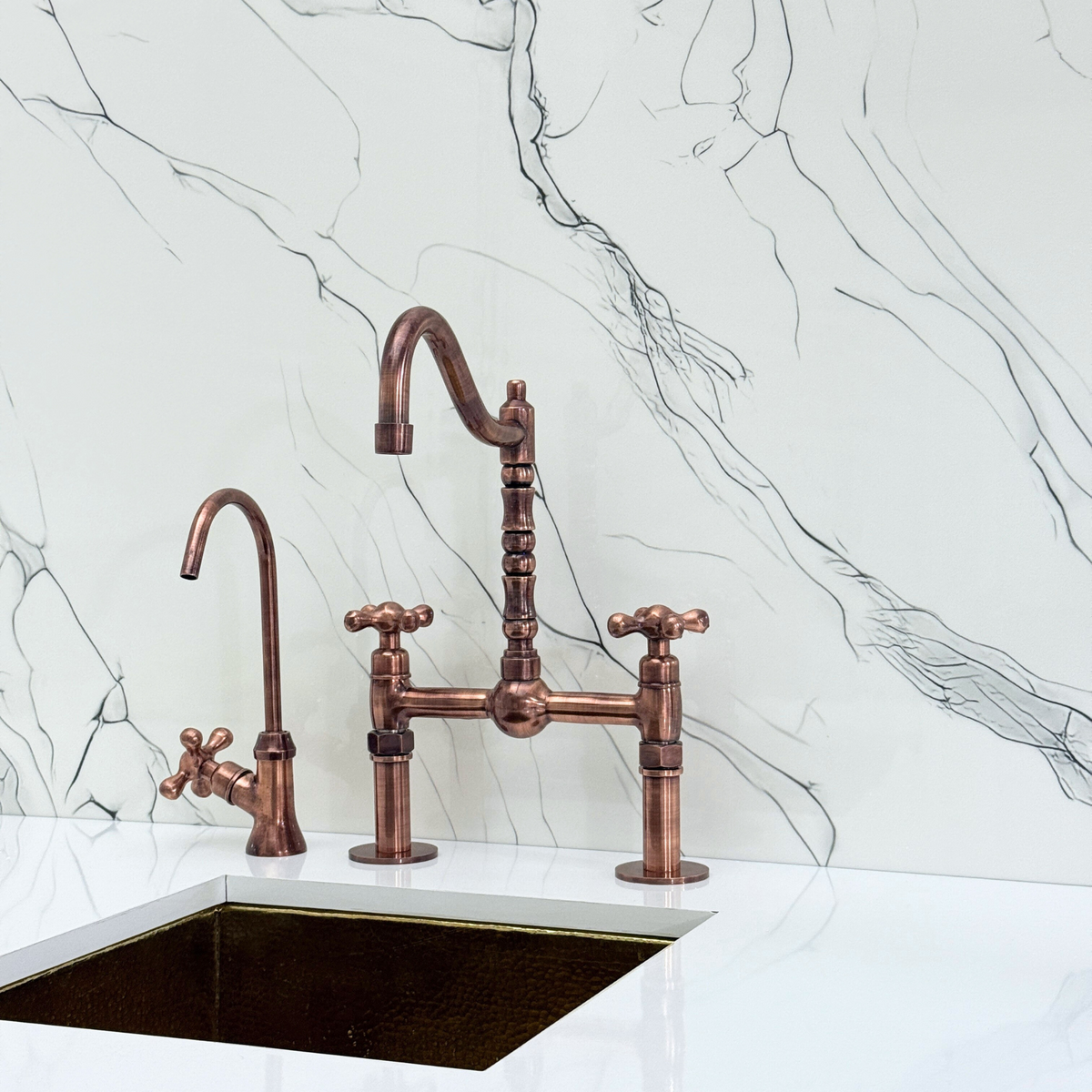 Antique Copper Victorian Bridge Kitchen Faucet with Cross Handles – Beaumont – alternate view 9