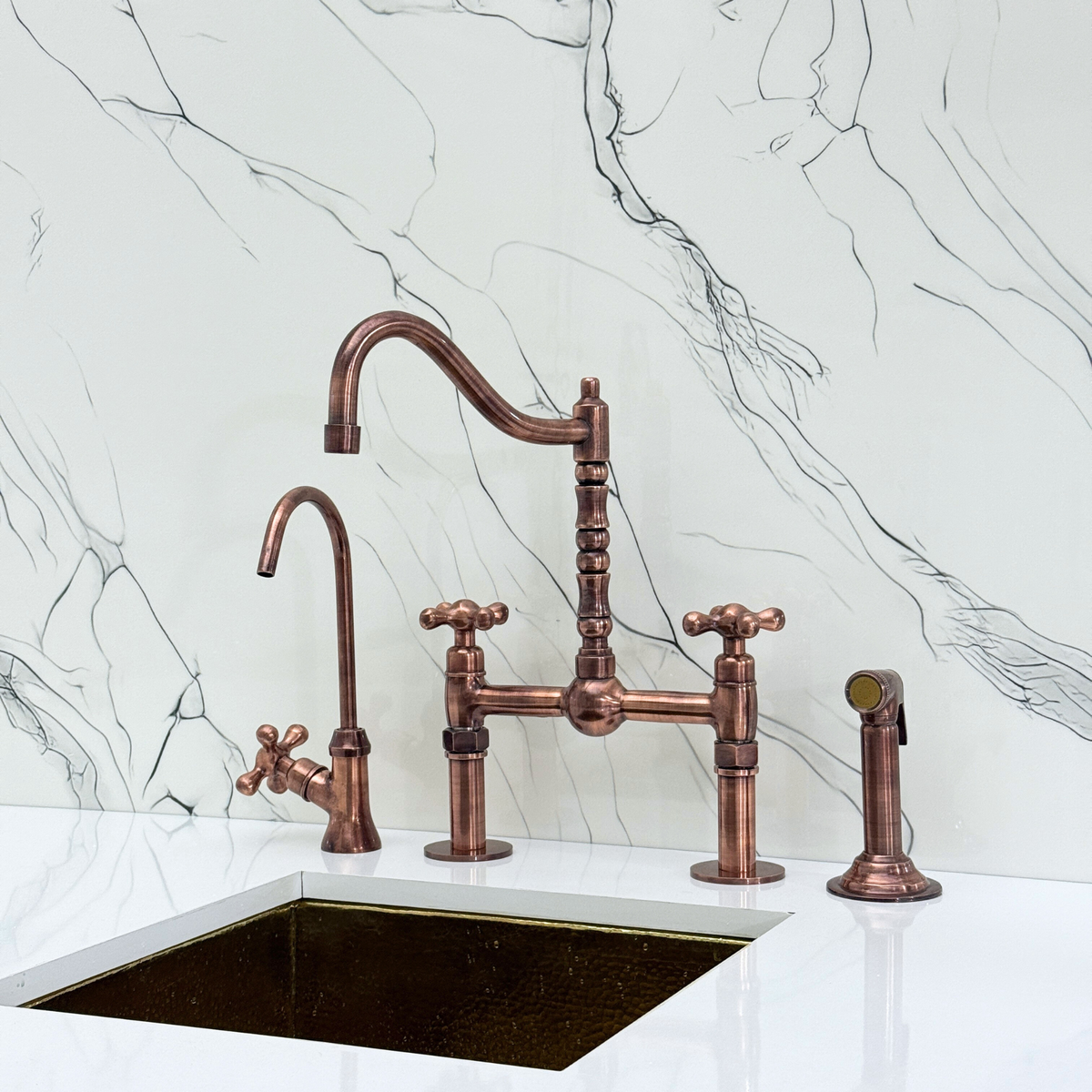 Antique Copper Victorian Bridge Kitchen Faucet with Cross Handles – Beaumont