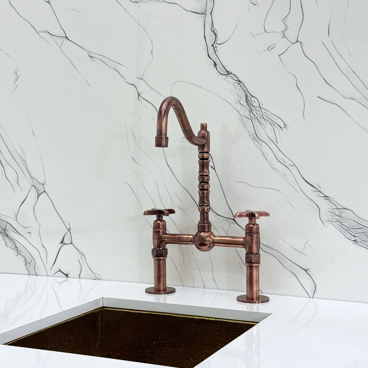 Antique Copper Victorian Bridge Kitchen Faucet with Cross Handles – Beaumont – alternate view 8