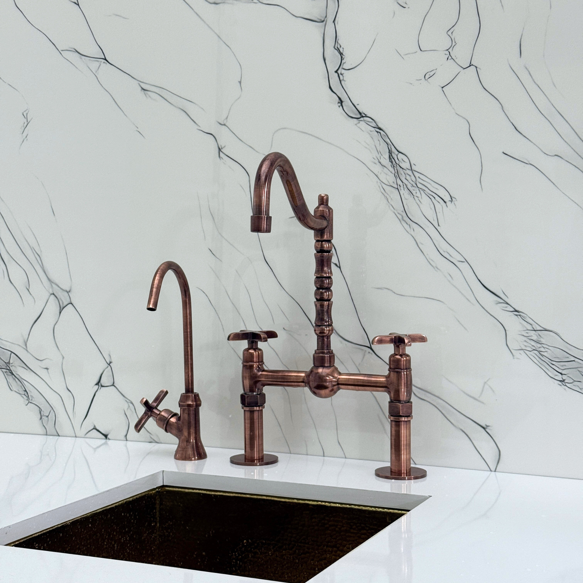 Antique Copper Victorian Bridge Kitchen Faucet with Cross Handles – Beaumont – alternate view 10