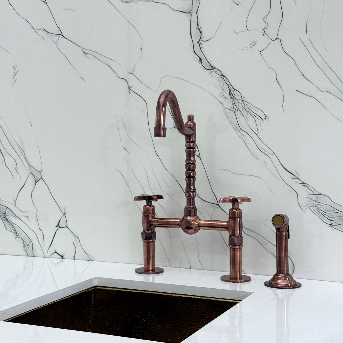 Antique Copper Victorian Bridge Kitchen Faucet with Cross Handles – Beaumont – alternate view 12