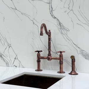 Antique Copper Victorian Bridge Kitchen Faucet with Cross Handles – Beaumont – alternate view 12