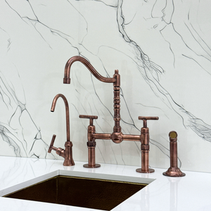 Antique Copper Victorian Bridge Kitchen Faucet with Lever Handles – Beaumont – alternate view 3