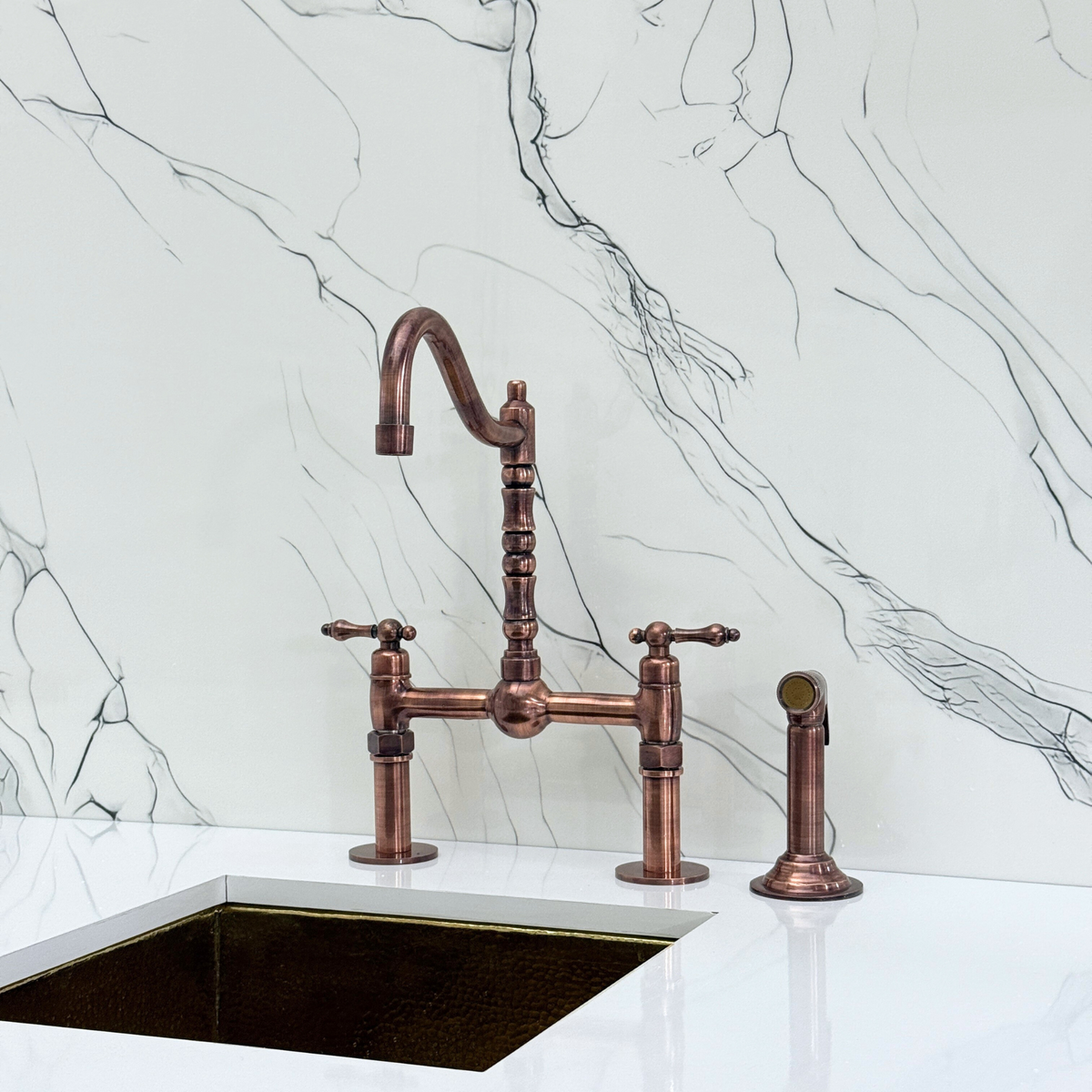 Antique Copper Victorian Bridge Kitchen Faucet with Lever Handles – Beaumont – alternate view 11