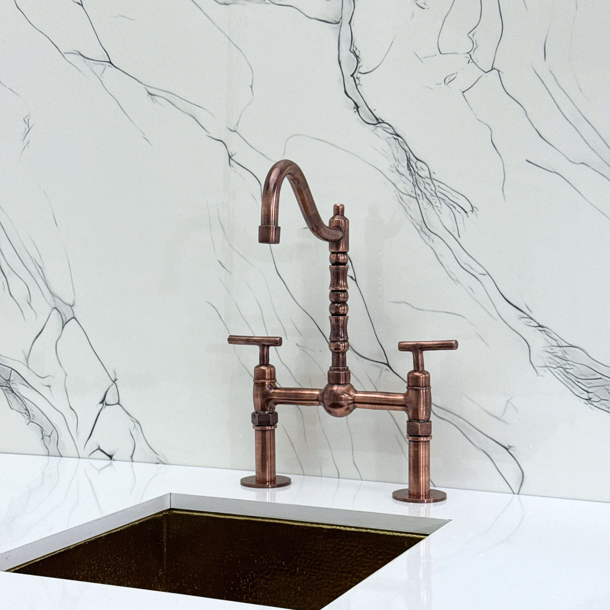 Antique Copper Victorian Bridge Kitchen Faucet with Lever Handles – Beaumont – alternate view 8