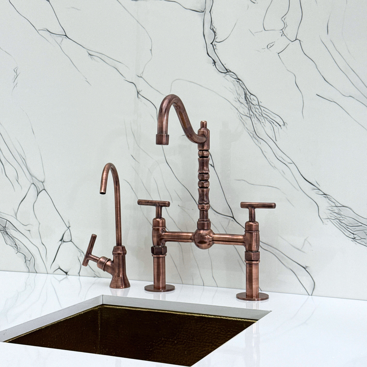 Antique Copper Victorian Bridge Kitchen Faucet with Lever Handles – Beaumont – alternate view 10