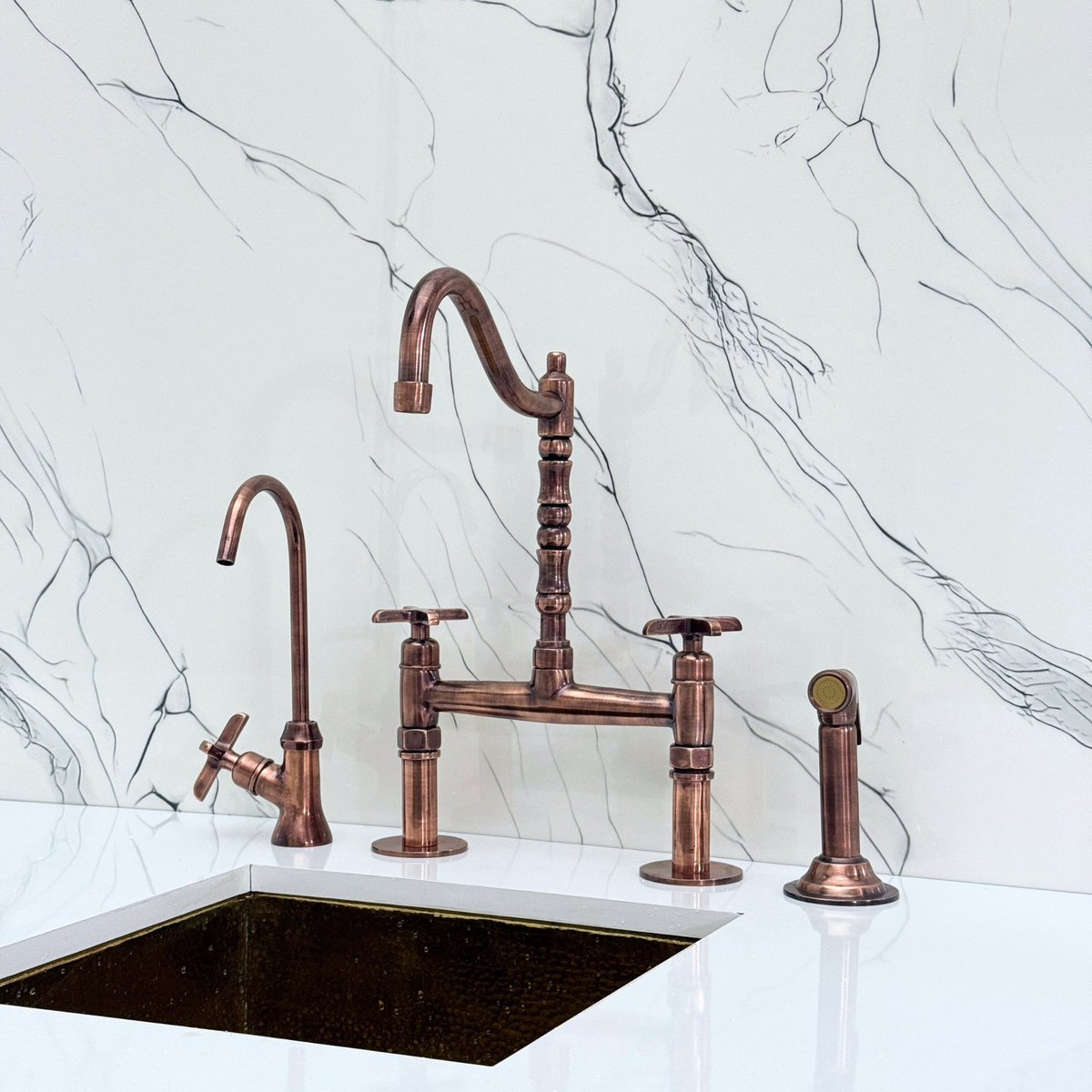 Antique Copper Victorian Bridge Kitchen Faucet with Cross Handles – Kensington – alternate view 4