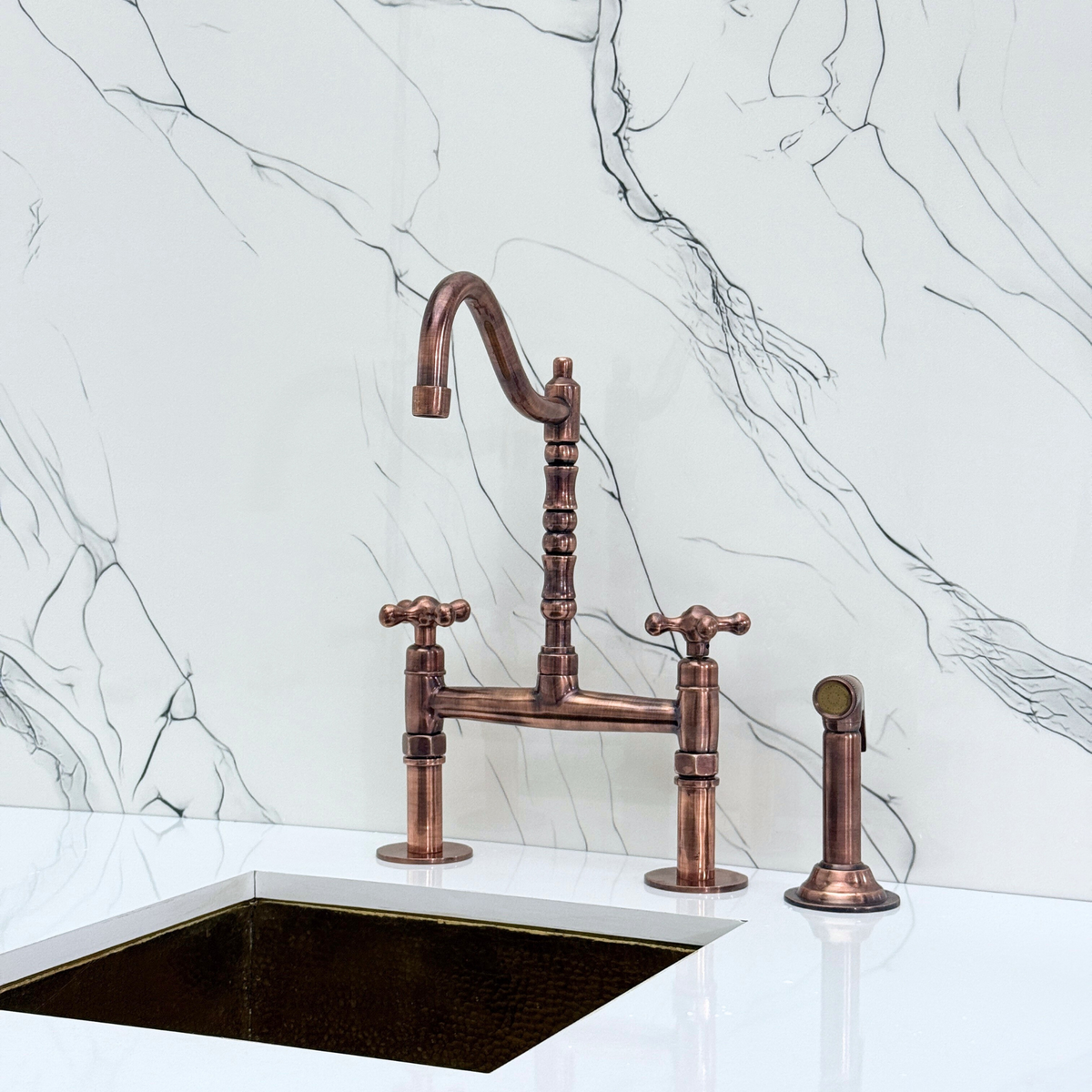 Antique Copper Victorian Bridge Kitchen Faucet with Cross Handles – Kensington – alternate view 9