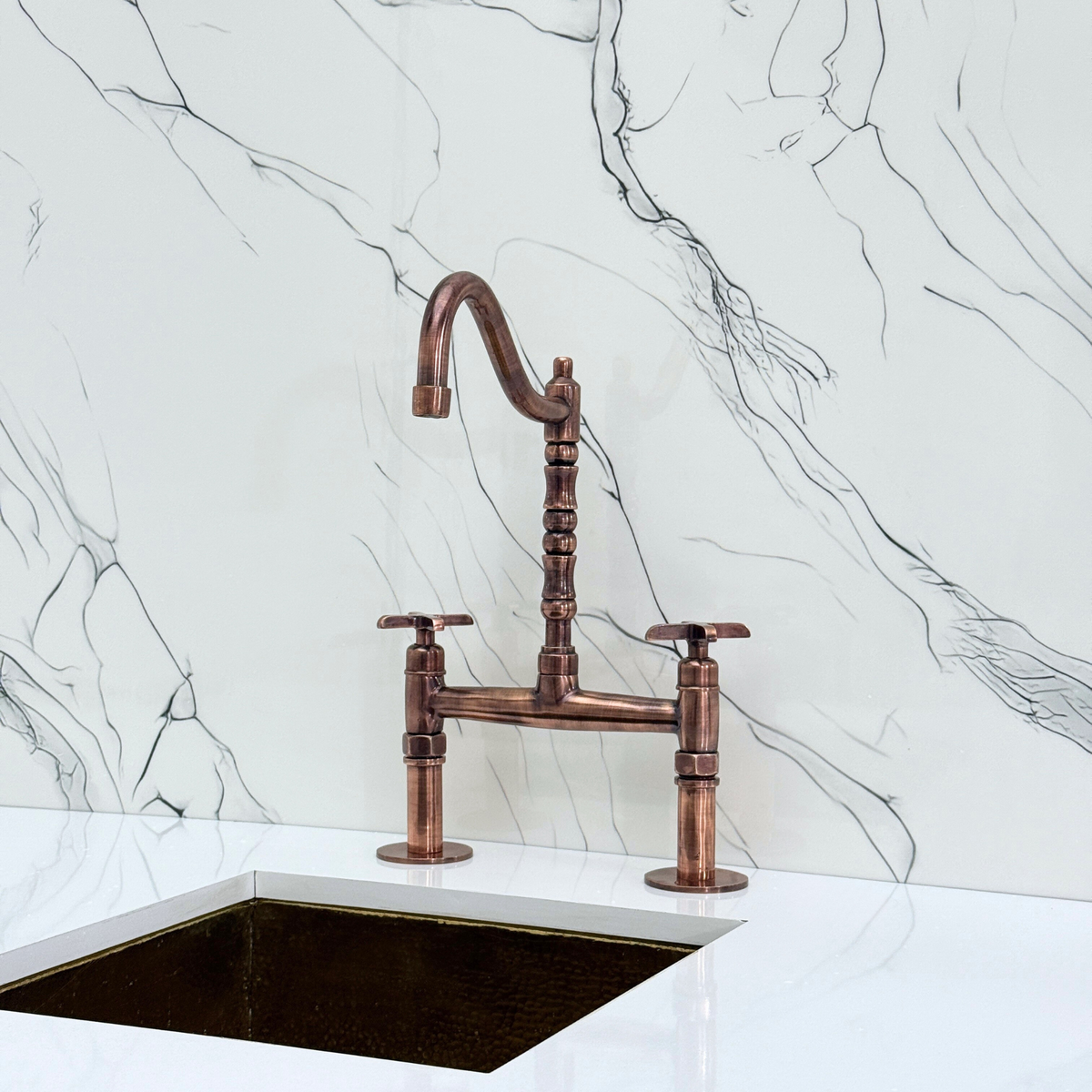 Antique Copper Victorian Bridge Kitchen Faucet with Cross Handles – Kensington – alternate view 10
