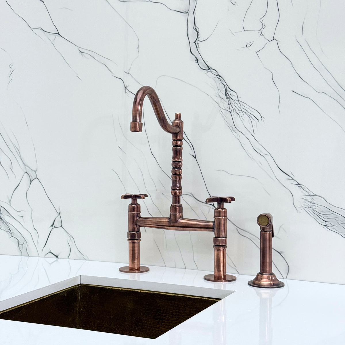 Antique Copper Victorian Bridge Kitchen Faucet with Cross Handles – Kensington – alternate view 12