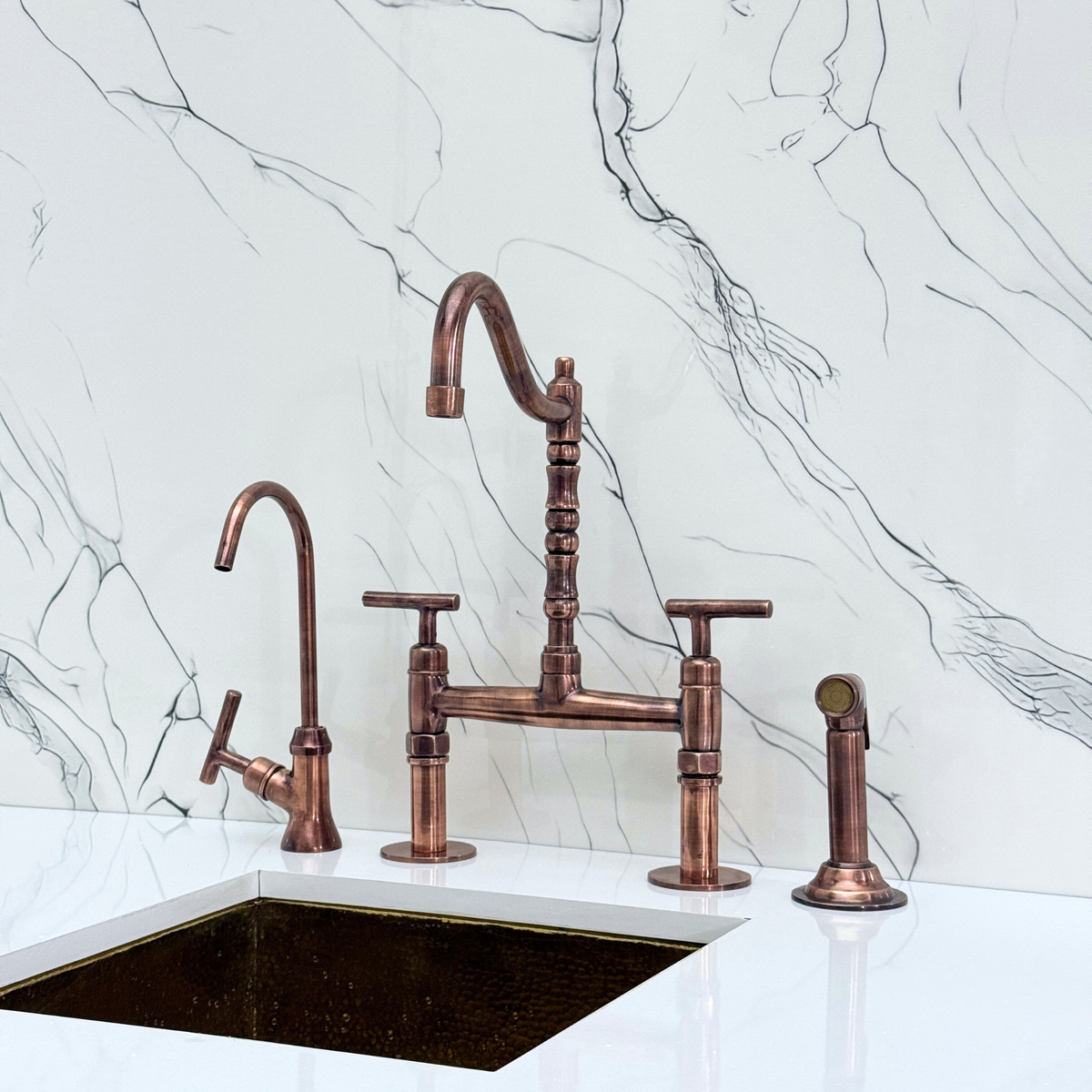 Antique Copper Victorian Bridge Kitchen Faucet with Lever Handles – Kensington – alternate view 4