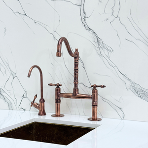 Antique Copper Victorian Bridge Kitchen Faucet with Lever Handles – Kensington – alternate view 8