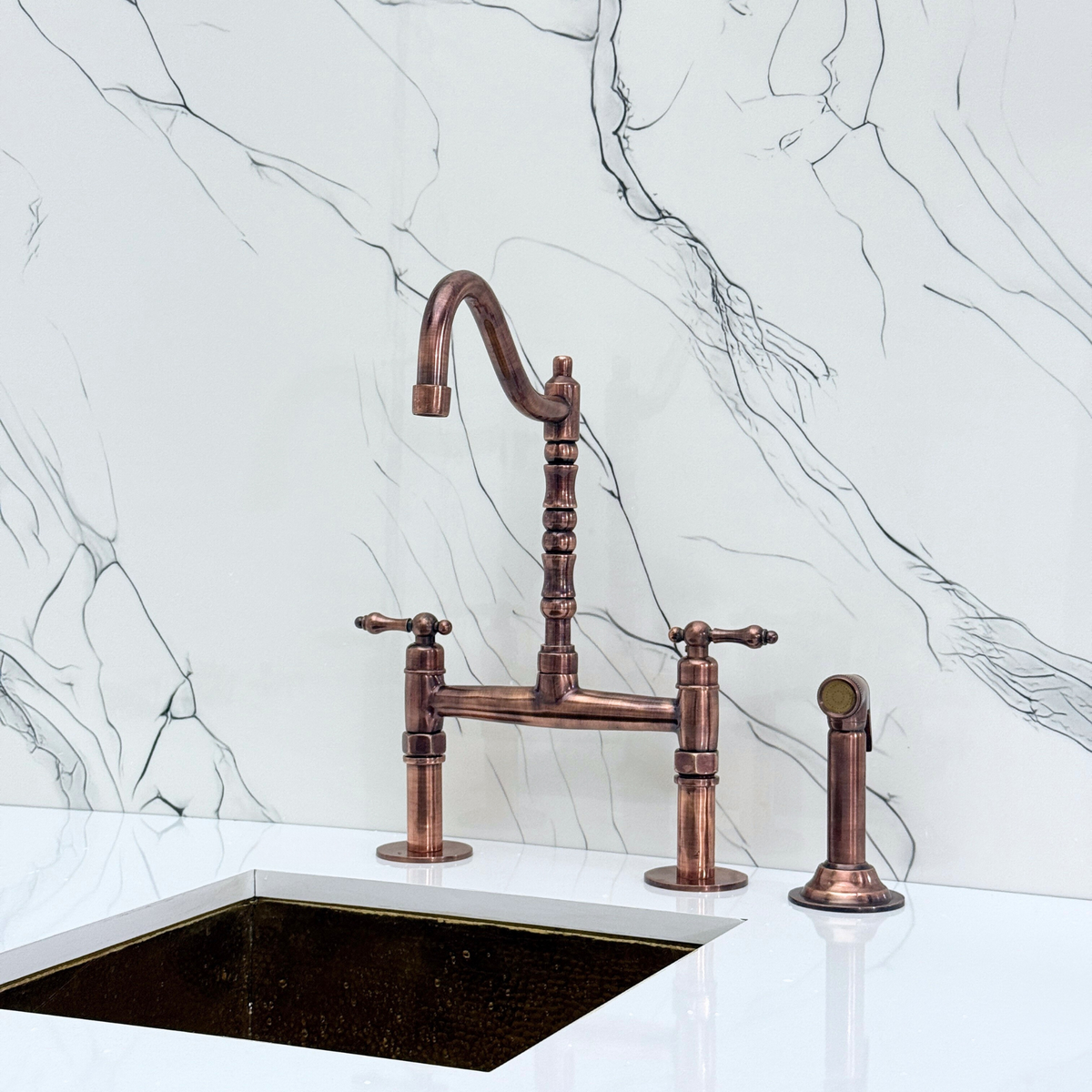 Antique Copper Victorian Bridge Kitchen Faucet with Lever Handles – Kensington – alternate view 9
