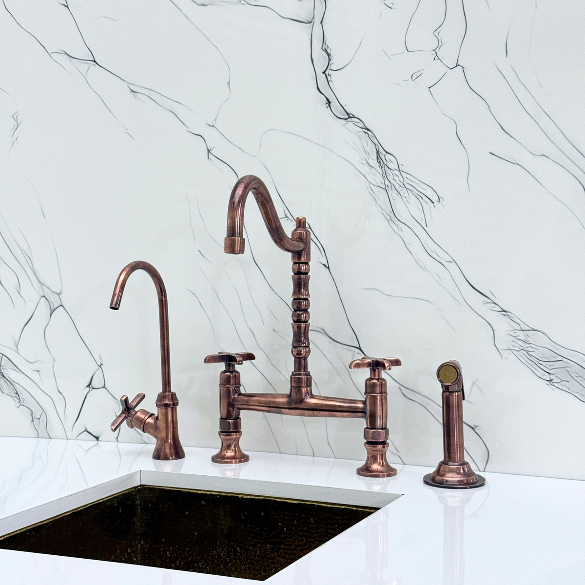 Antique Copper Victorian Bridge Kitchen Faucet with Cross Handles – Tavistock – alternate view 4