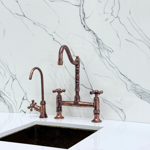 Antique Copper Victorian Bridge Kitchen Faucet with Cross Handles – Tavistock – alternate view 9