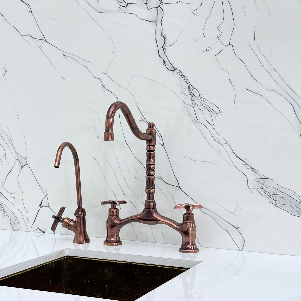 Antique Copper Victorian Bridge Kitchen Faucet with Cross Handles – Somerset – alternate view 10