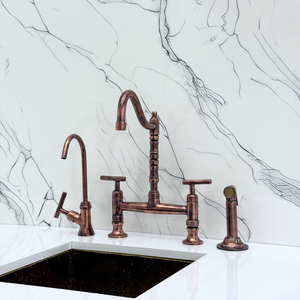 Antique Copper Victorian Bridge Kitchen Faucet with Lever Handles – Tavistock – alternate view 4
