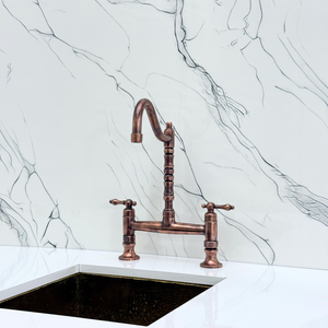 Antique Copper Victorian Bridge Kitchen Faucet with Lever Handles – Tavistock – alternate view 7