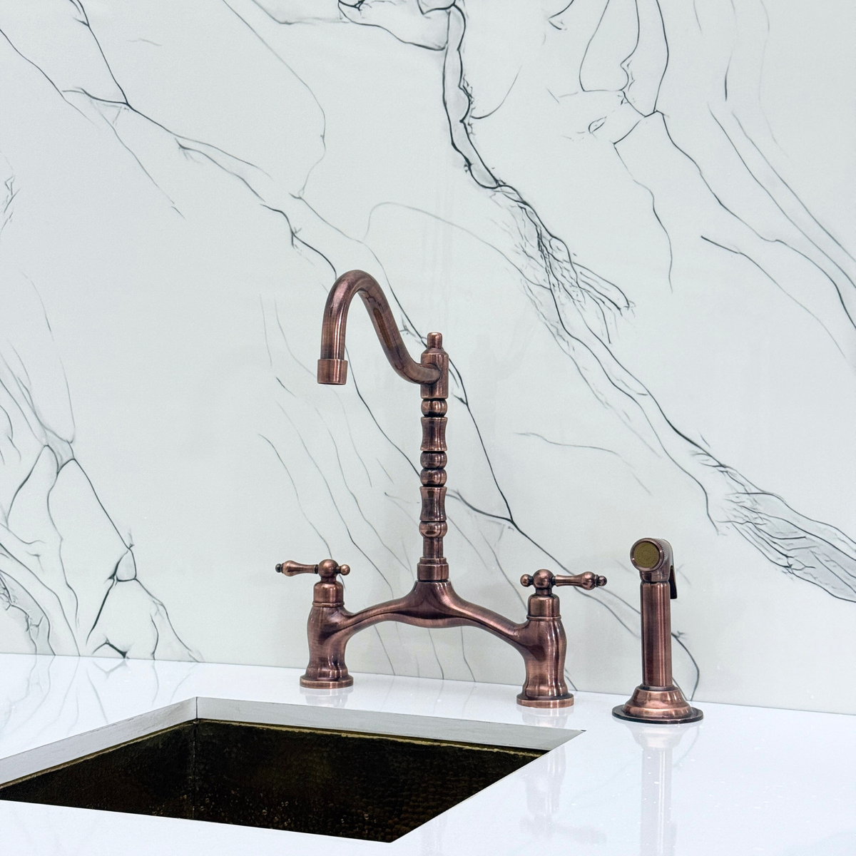 Antique Copper Victorian Bridge Kitchen Faucet with Lever Handles – Somerset – alternate view 11