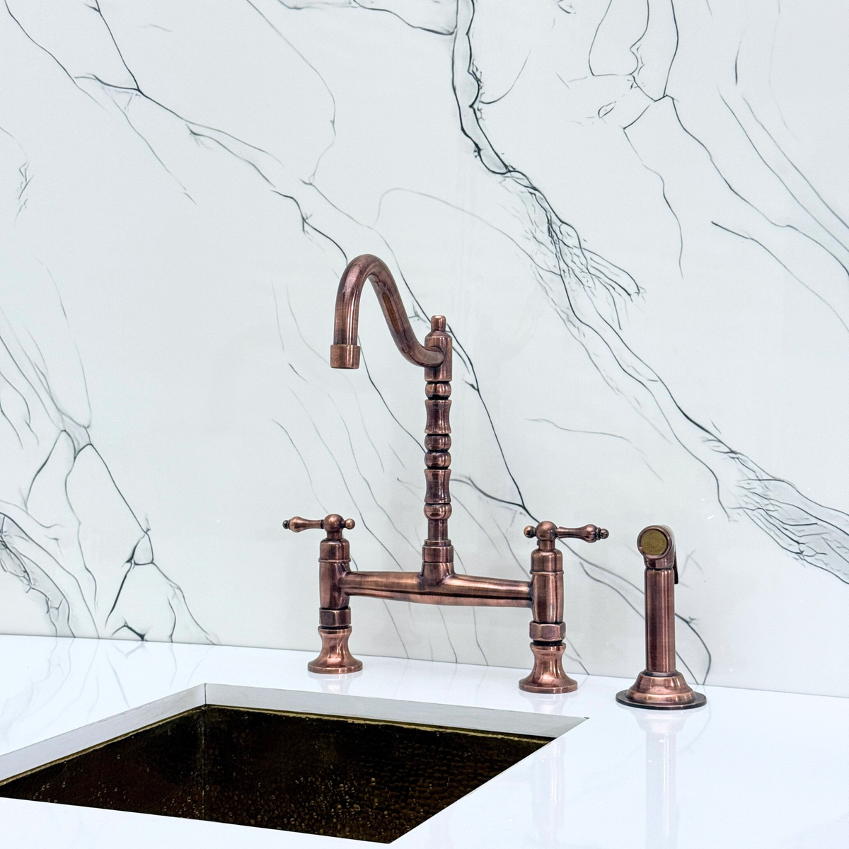 Antique Copper Victorian Bridge Kitchen Faucet with Lever Handles – Tavistock – alternate view 11