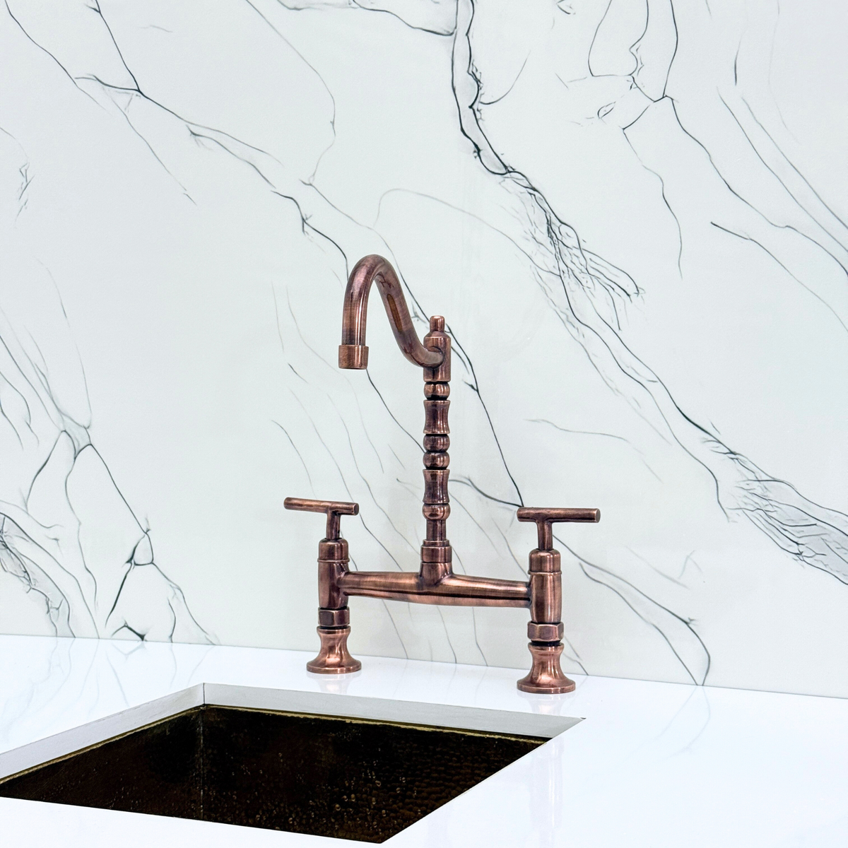 Antique Copper Victorian Bridge Kitchen Faucet with Lever Handles – Tavistock – alternate view 8