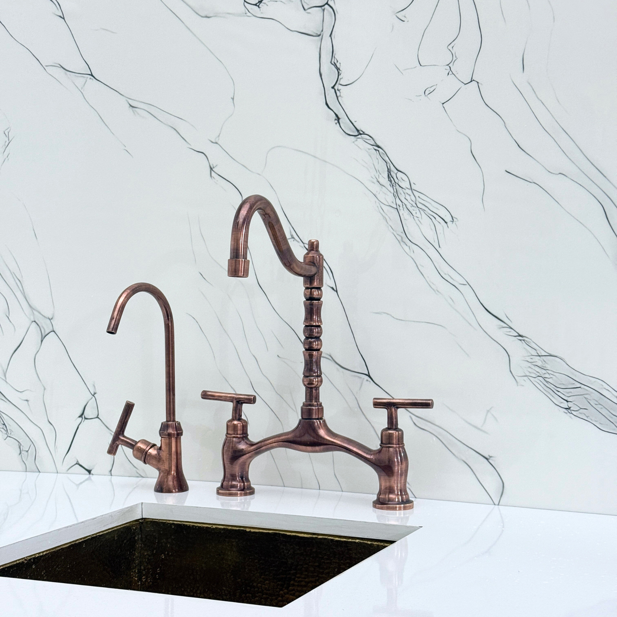 Antique Copper Victorian Bridge Kitchen Faucet with Lever Handles – Somerset – alternate view 10