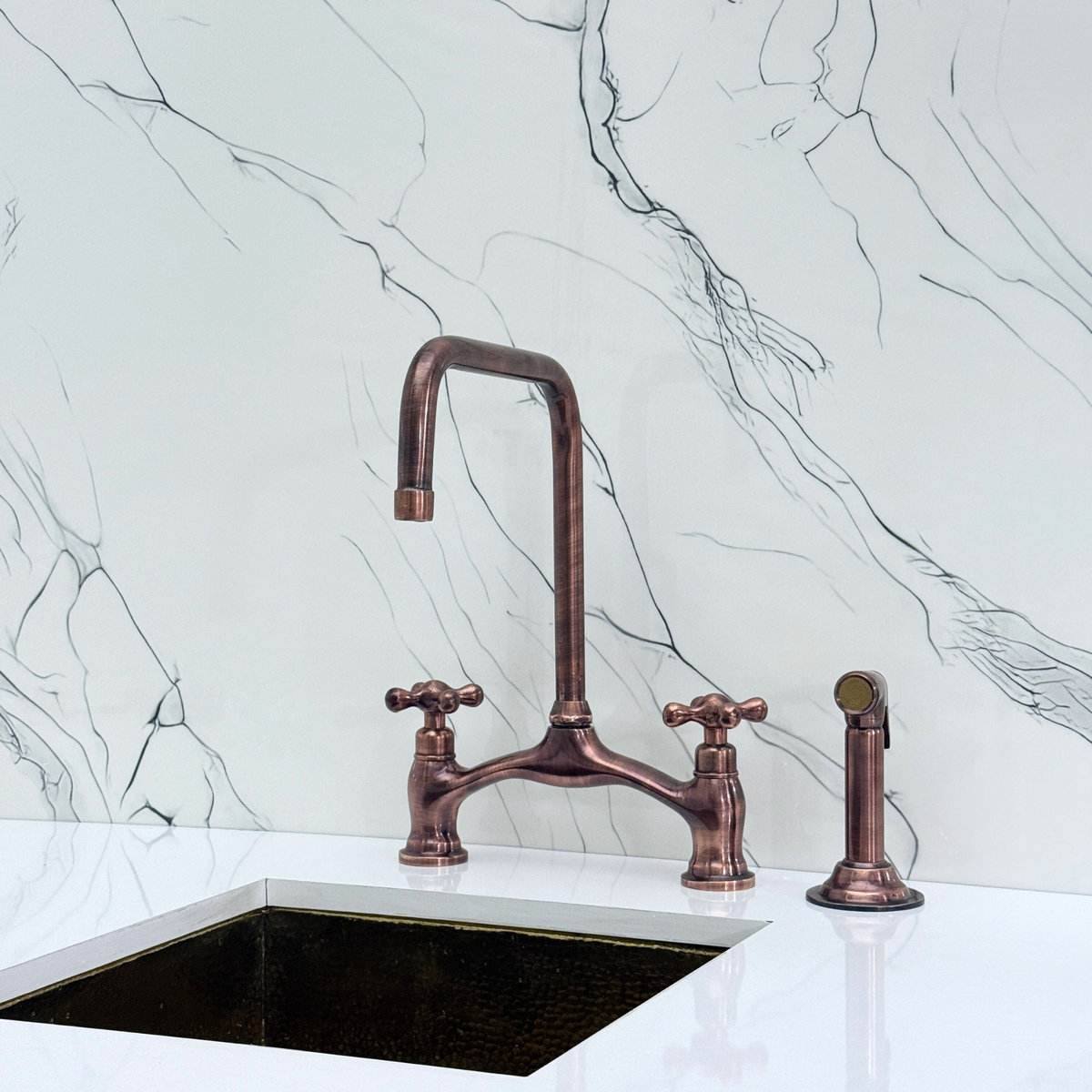 Antique Copper Vintage Bridge Kitchen Faucet with Cross Handles – Waverley – alternate view 11