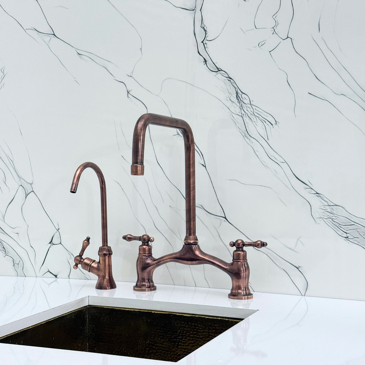 Antique Copper Vintage Bridge Kitchen Faucet with Lever Handles – Waverley – alternate view 9
