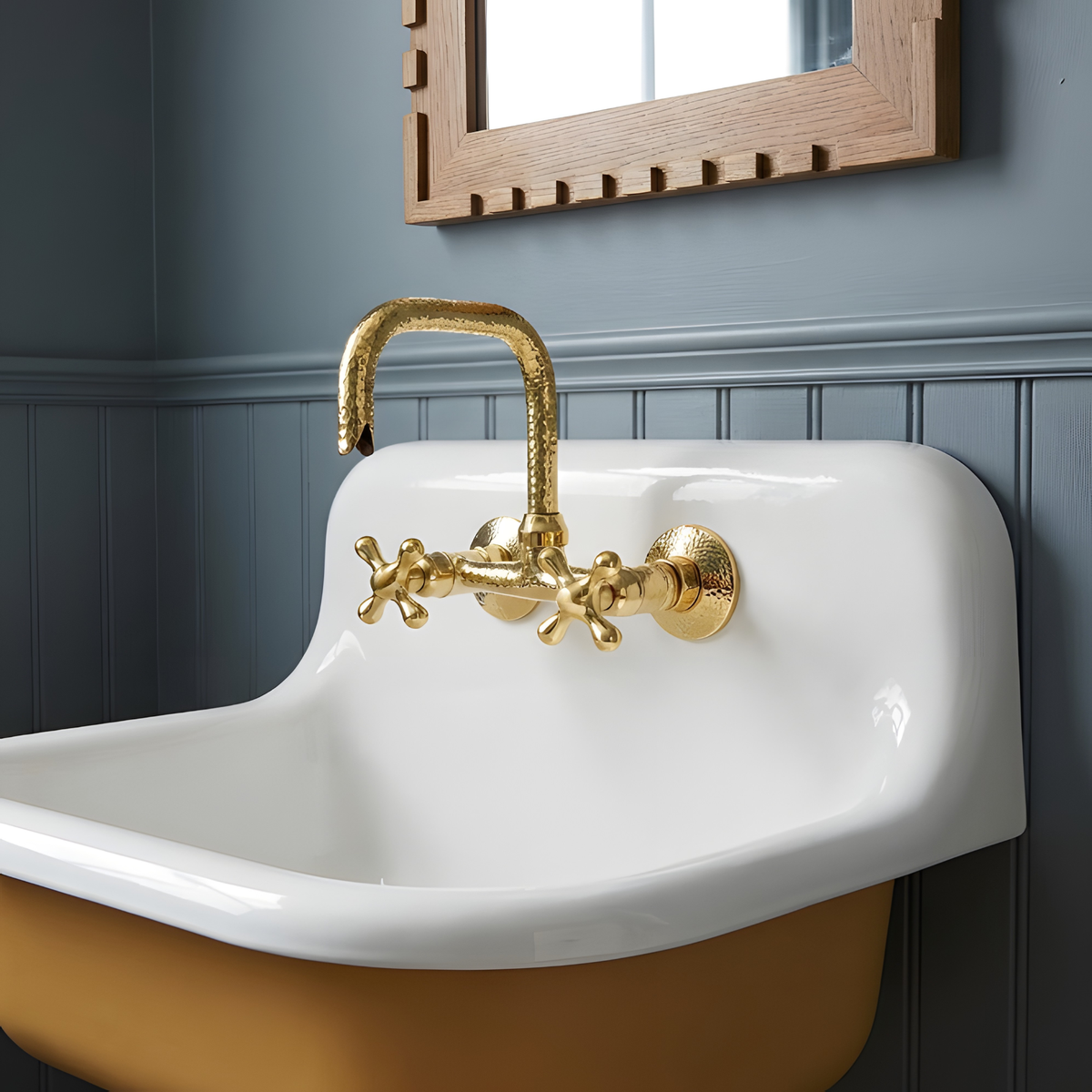 7" Hammered unlacquered brass wall faucet, 6" spread with cross handles