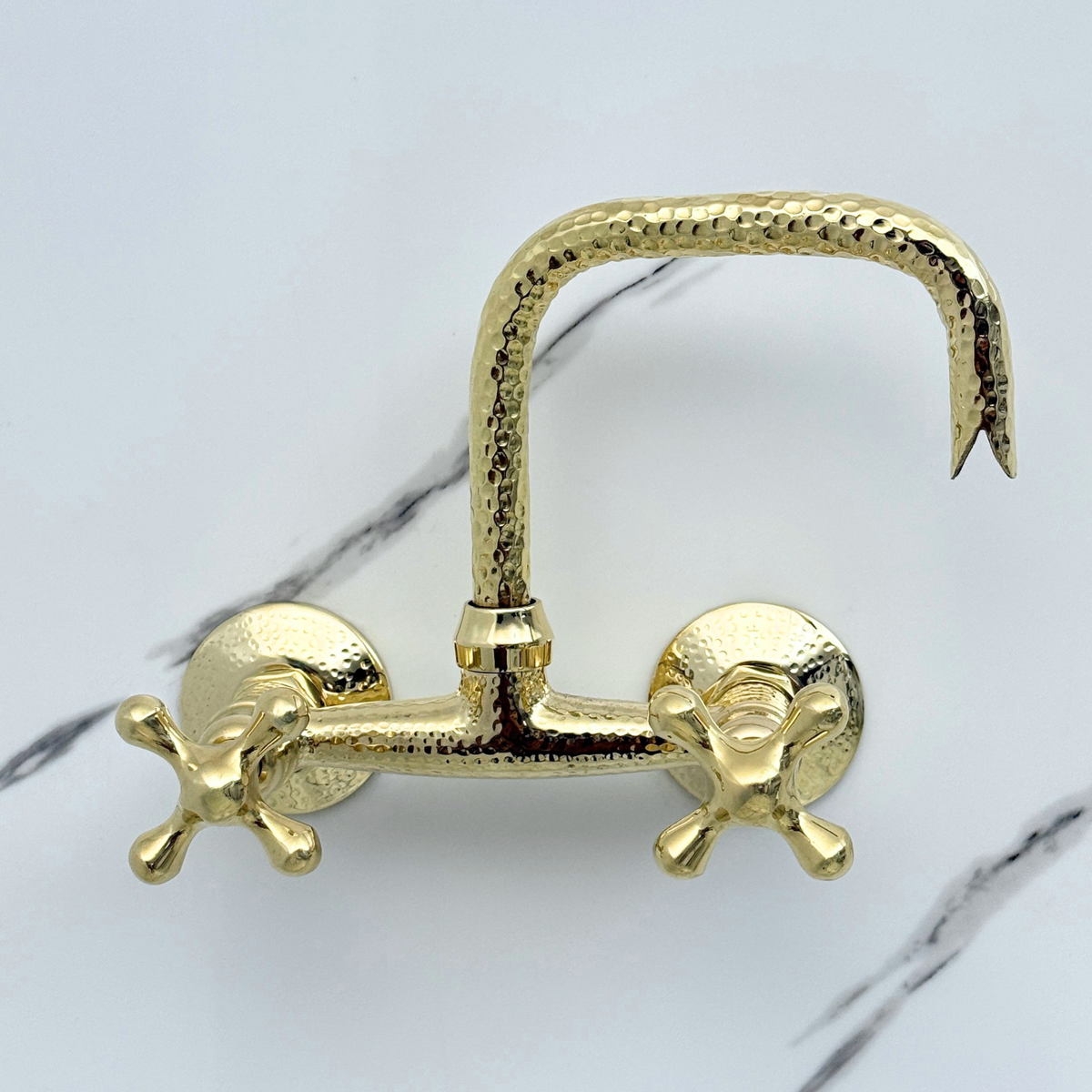 7" Hammered unlacquered brass wall faucet, 6" spread with cross handles – alternate view 3