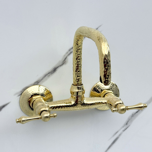 7" Hammered unlacquered brass wall faucet, 6" spread with lever handles – alternate view 4