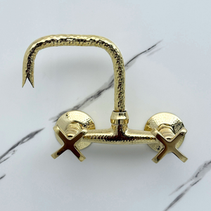 7" Hammered unlacquered brass wall faucet, 6" spread with cross handles – alternate view 6